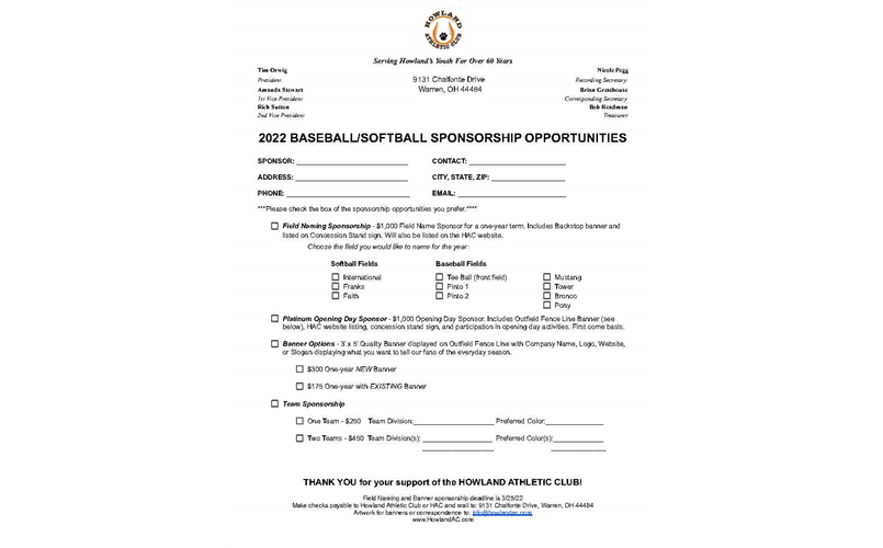 2022 Baseball and Softball Sponsorship Form