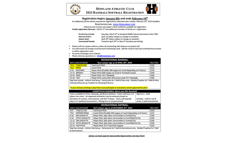 2023 Baseball and Softball Registration