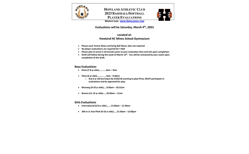 2023 Baseball & Softball Evaluations